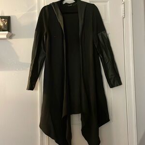 Blank NYC black Cardigan with leather hood and sleeve detail